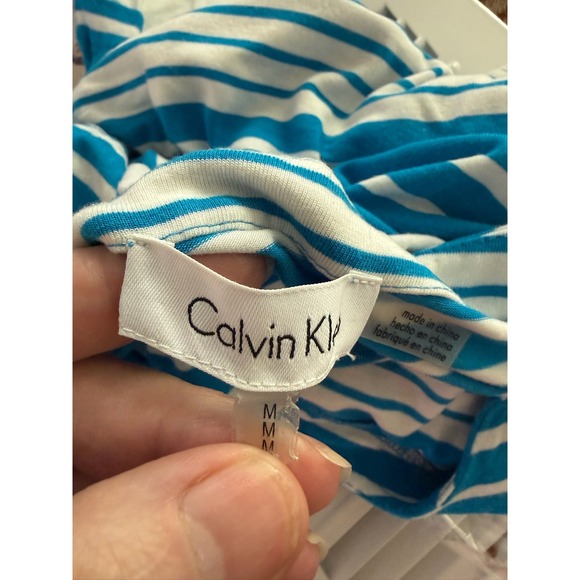 Calvin Klein Womens Blue White Striped Mixed Media Layered Top Button Shoulder - Picture 8 of 8